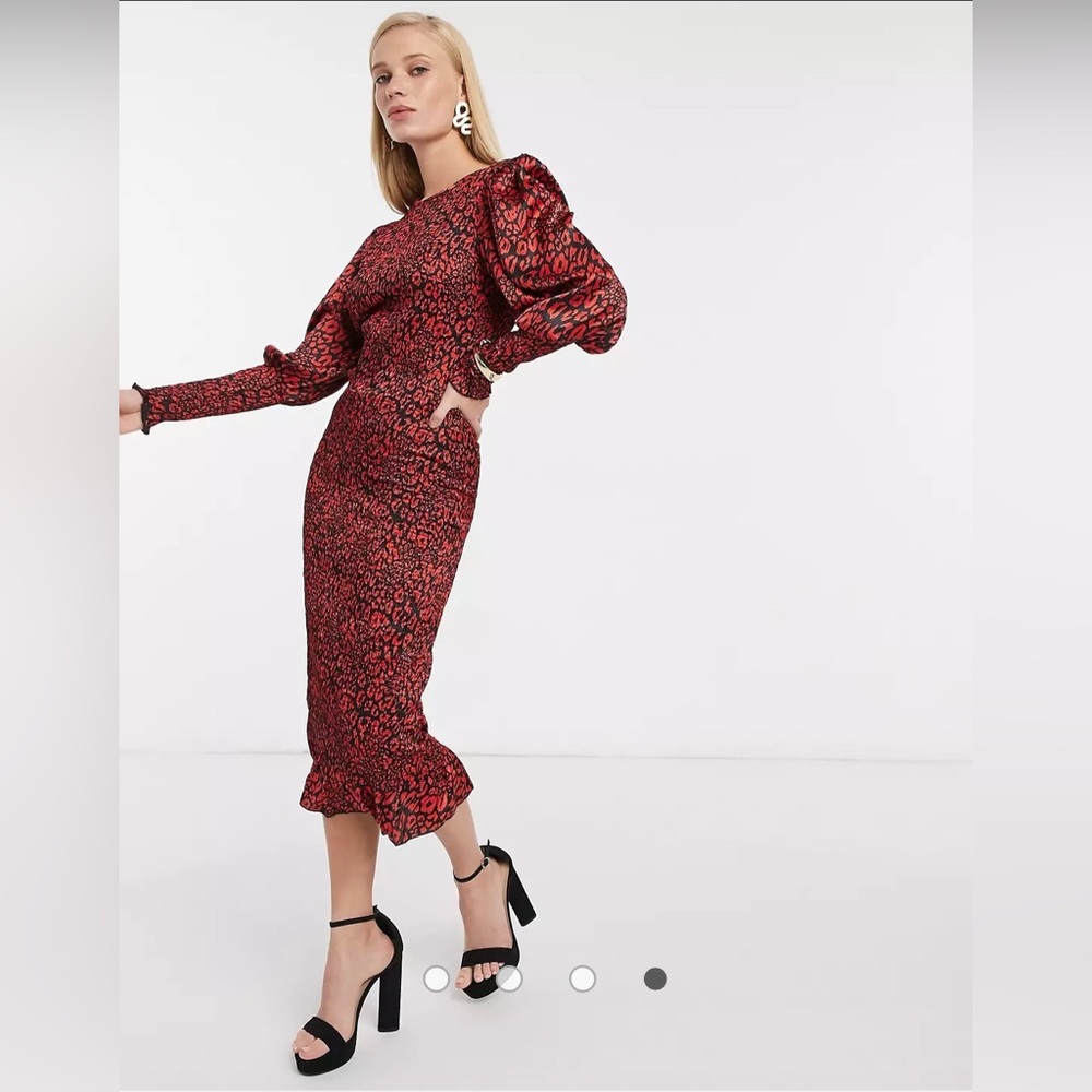ASOS DESIGN shirred midi dress-puff sleeves and shirred cuff in red animal print